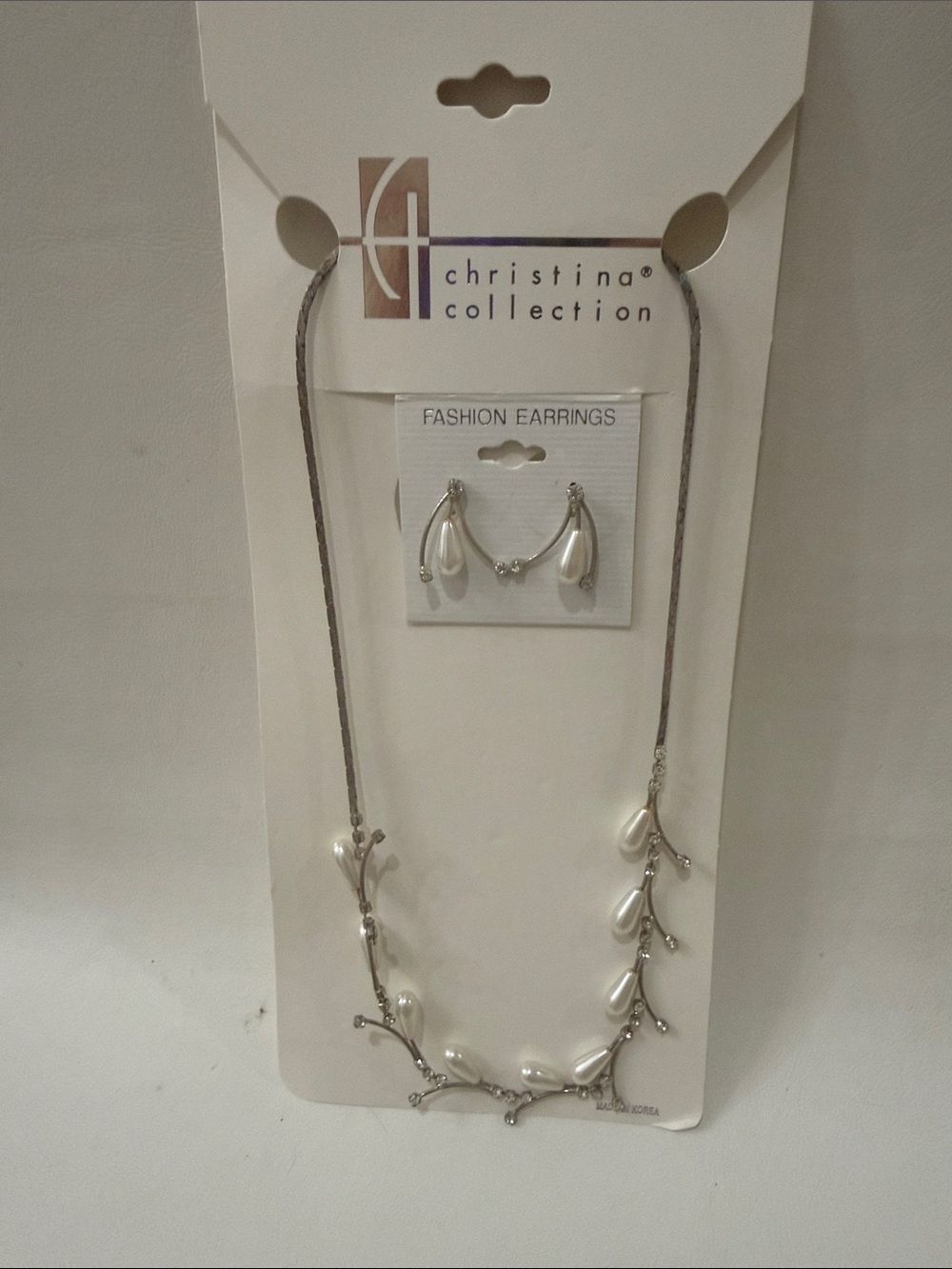 Christina Pearl Necklace Floral Rhinestone Earrings White Silver Adjustable